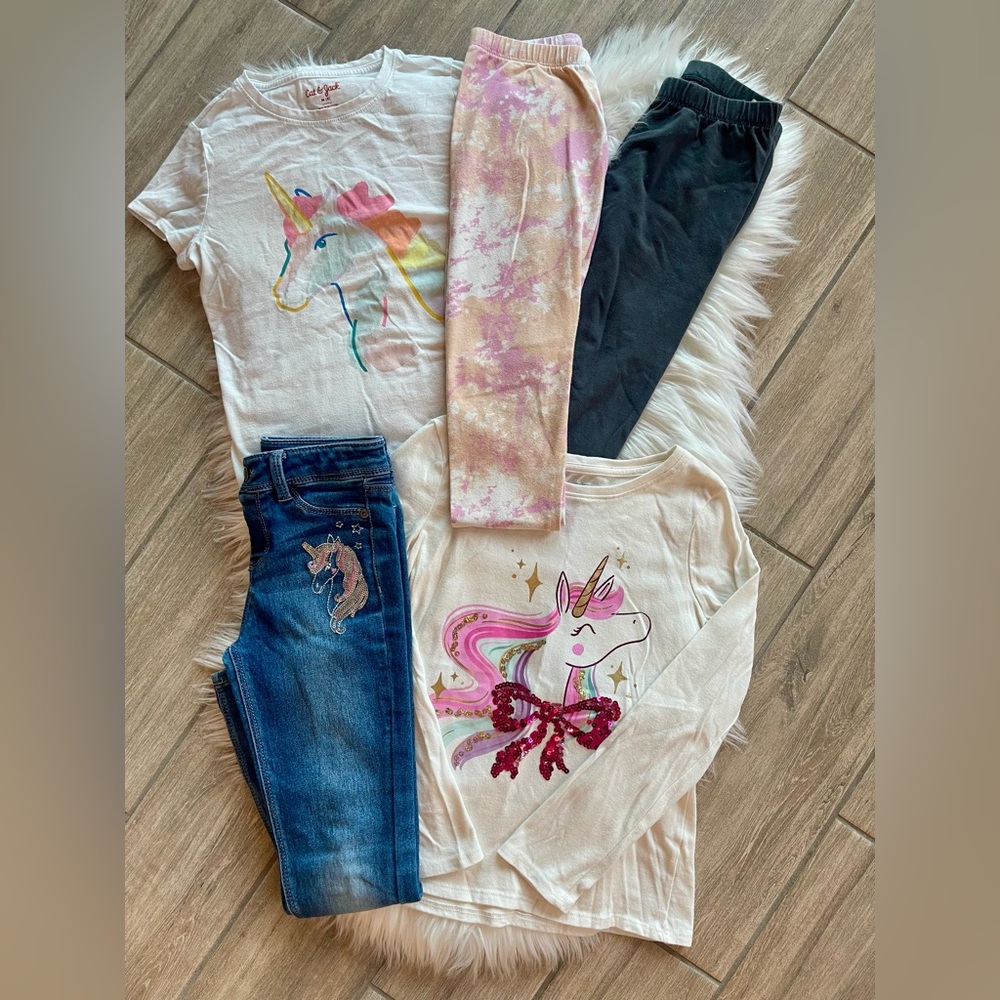 Girls Unicorn Matching Top and Bottom Set - Pink, White, Denim Jeggings Size 8